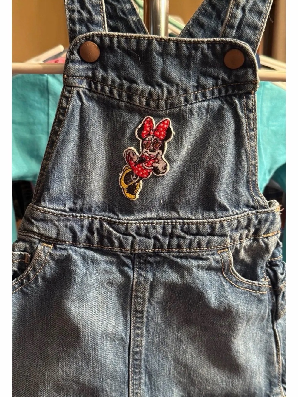 Old Navy Blue Denim Overalls with Minnie Mouse Patch